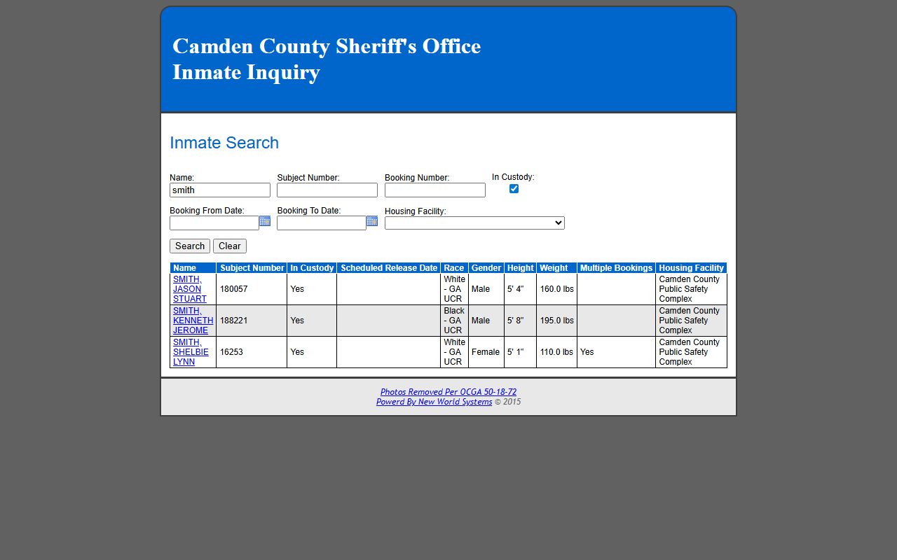 Camden County inmate records search results table