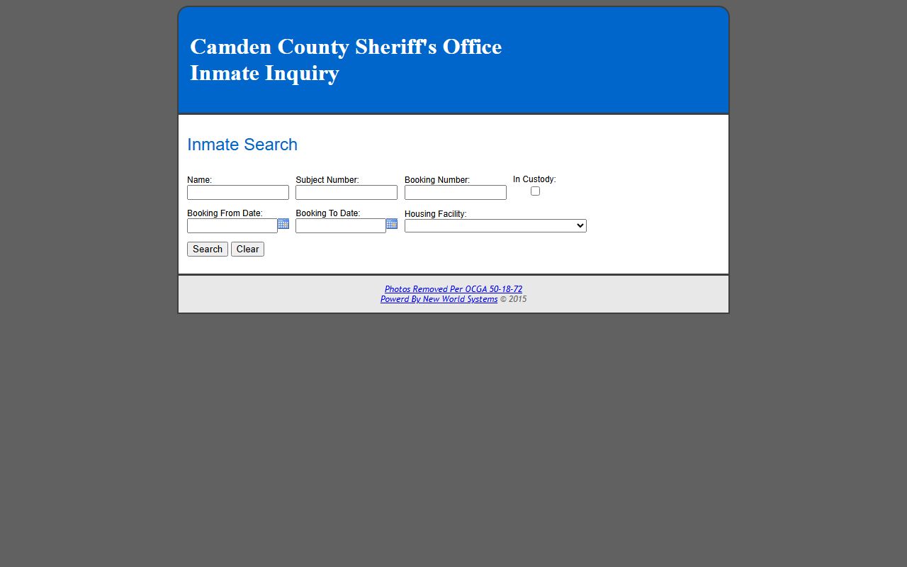 Camden County inmate records search screen
