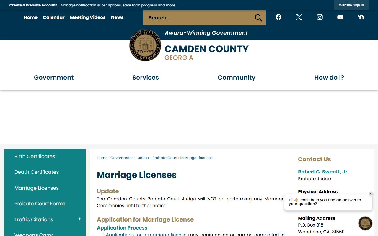 Camden County marriage records Probate Court marriage license instructions