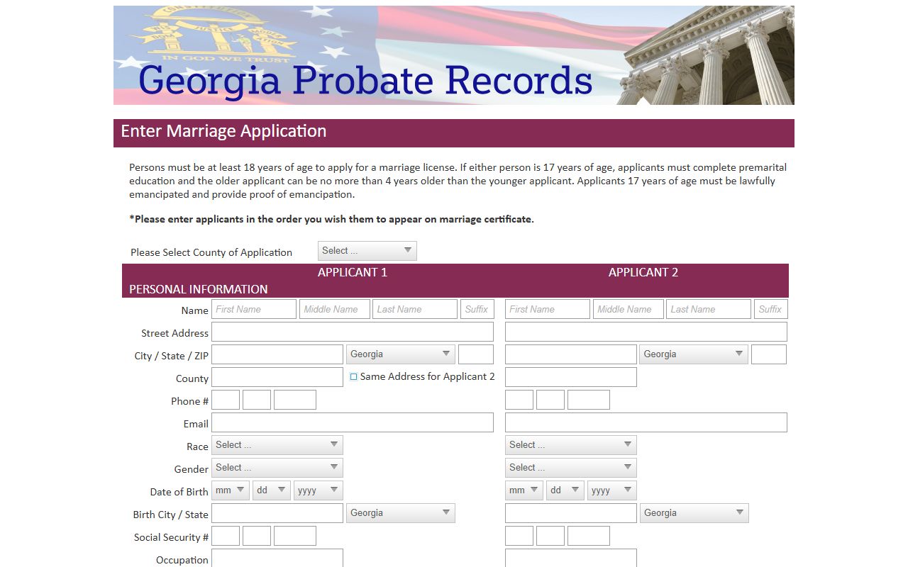 Camden County marriage records Georgia probate marriage application fields