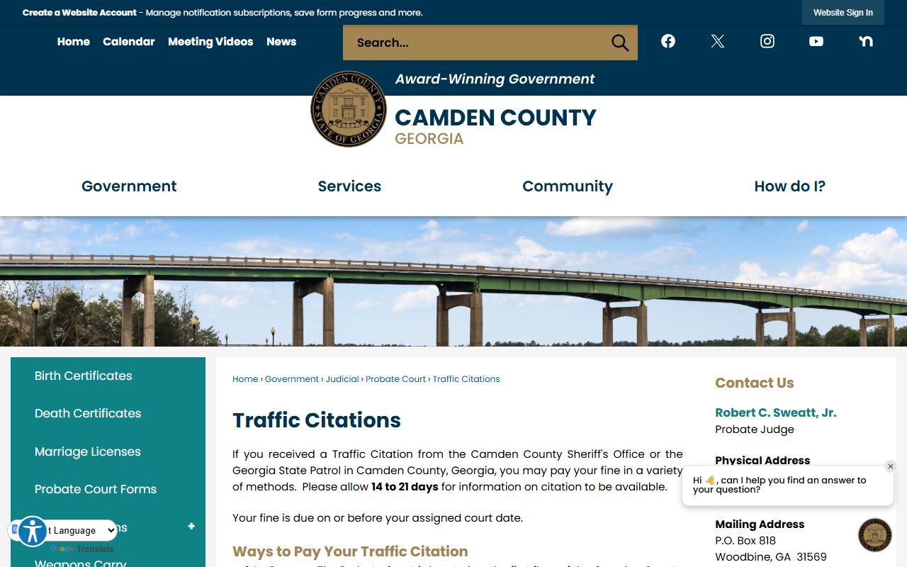 Camden County traffic court records Probate Court traffic citation payment page